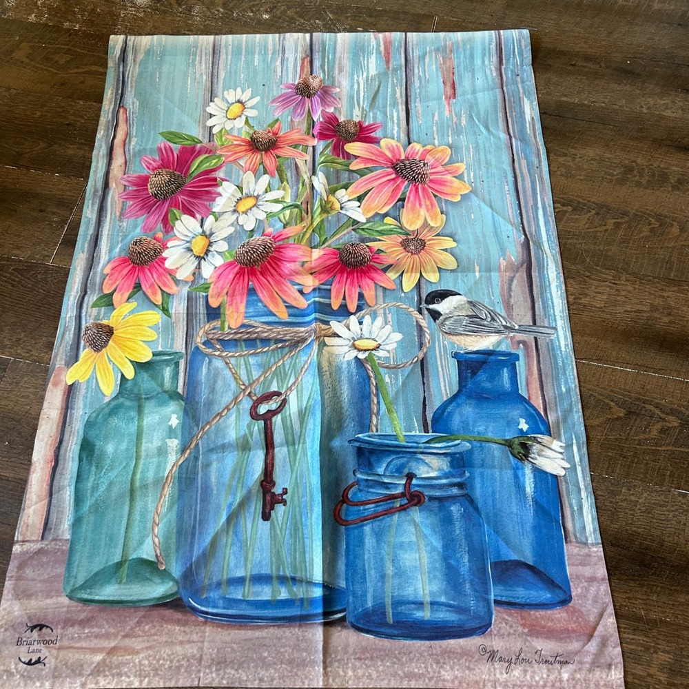 Briarwood Lane Mary Lou Troutman Mason Jar Floral Bird House Flag 28x40 Blue